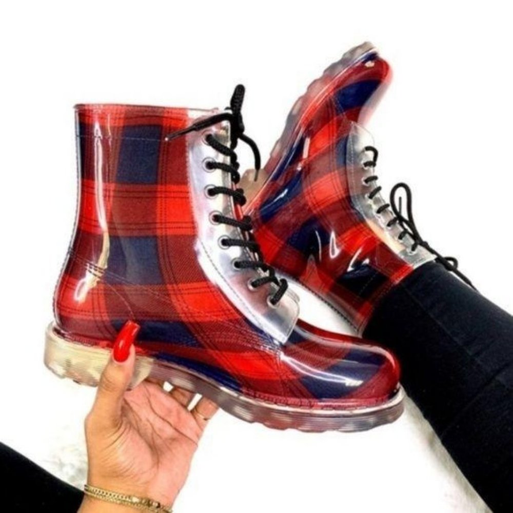 !! NEW !! Plaid Lace Up Combat Style Rain Boots